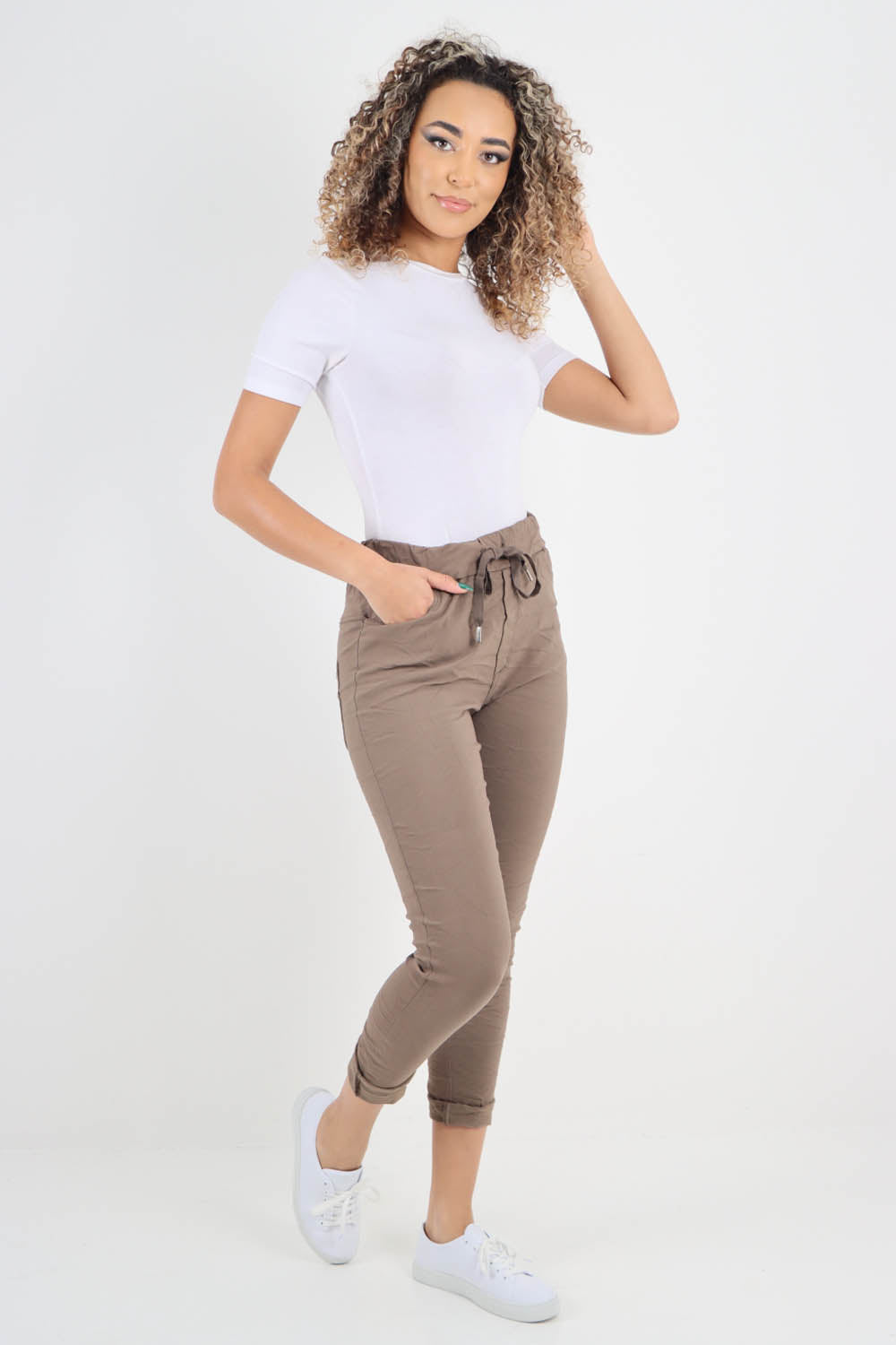 Plain Drawstring Back Pocket Magic Pants