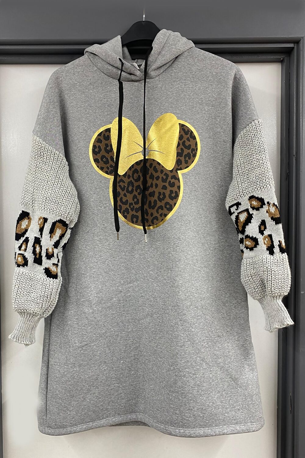 Balloon Knitted Sleeve Leopard Minnie Hooded Sweatshirt Dress