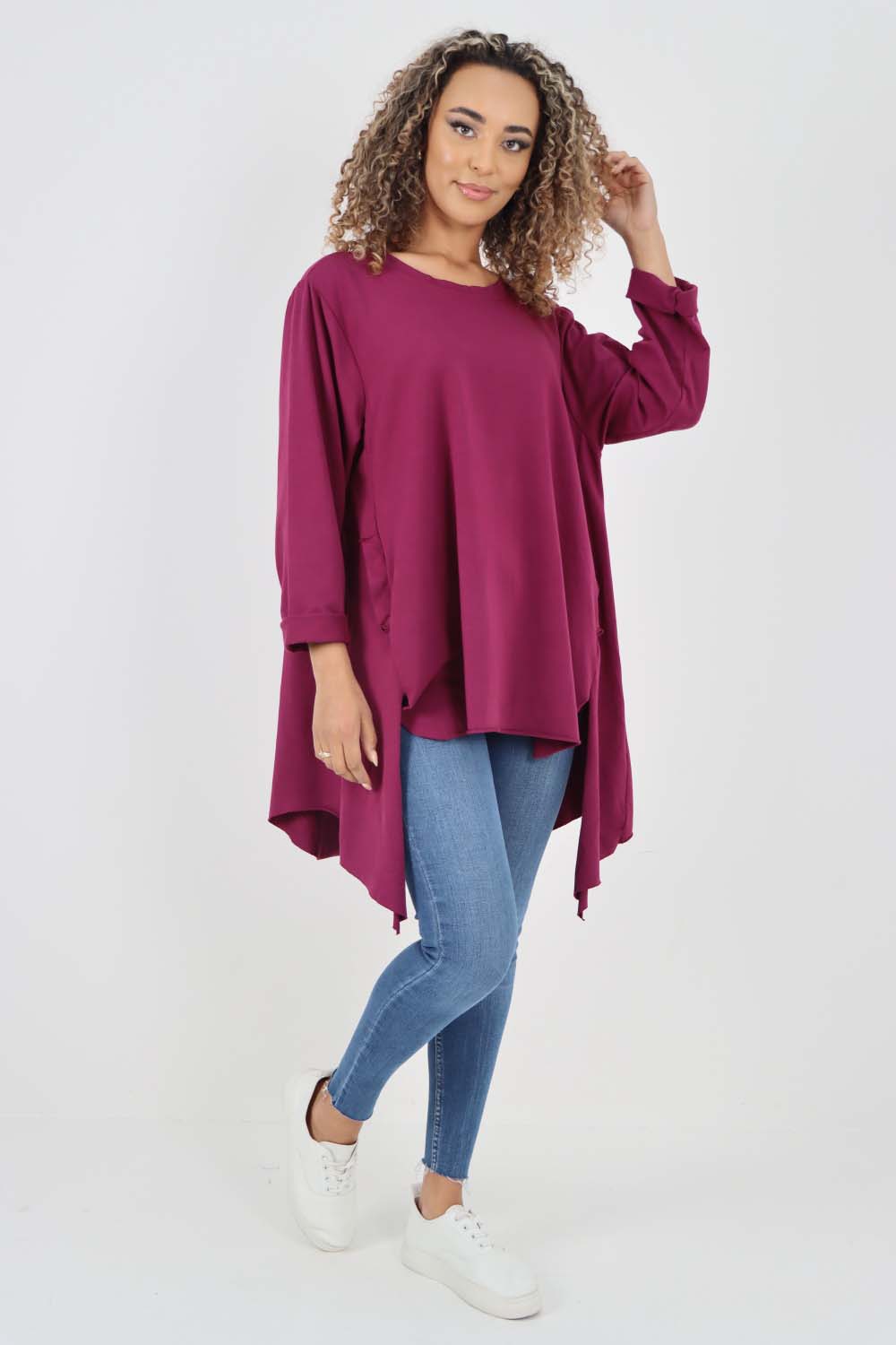 Italian Plain Pockets Dip Hem Cotton Top