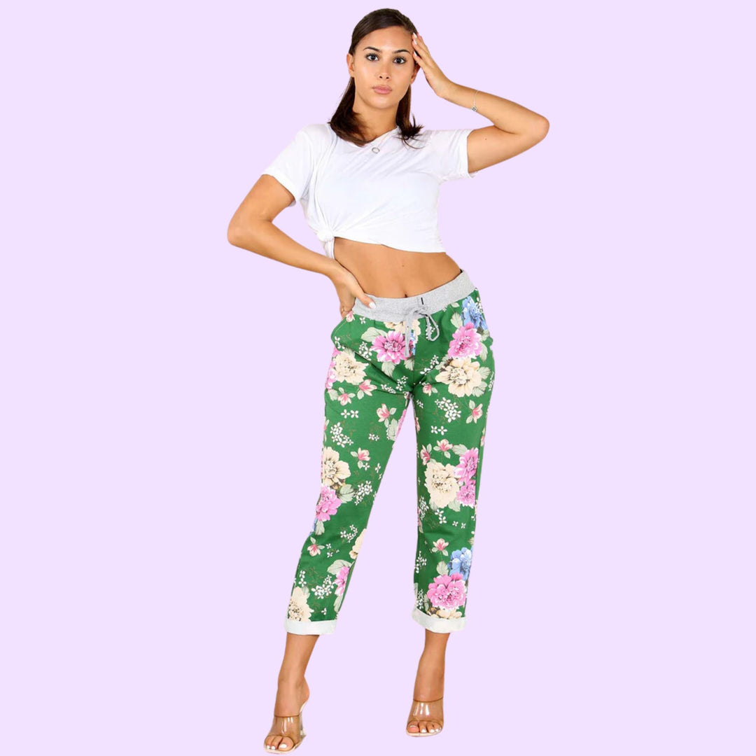Italian Floral Print Drawstring Cotton Joggers