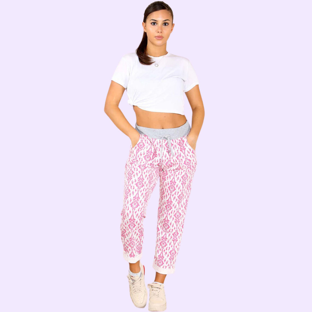 Italian Floral Texture Print Drawstring Cotton Joggers