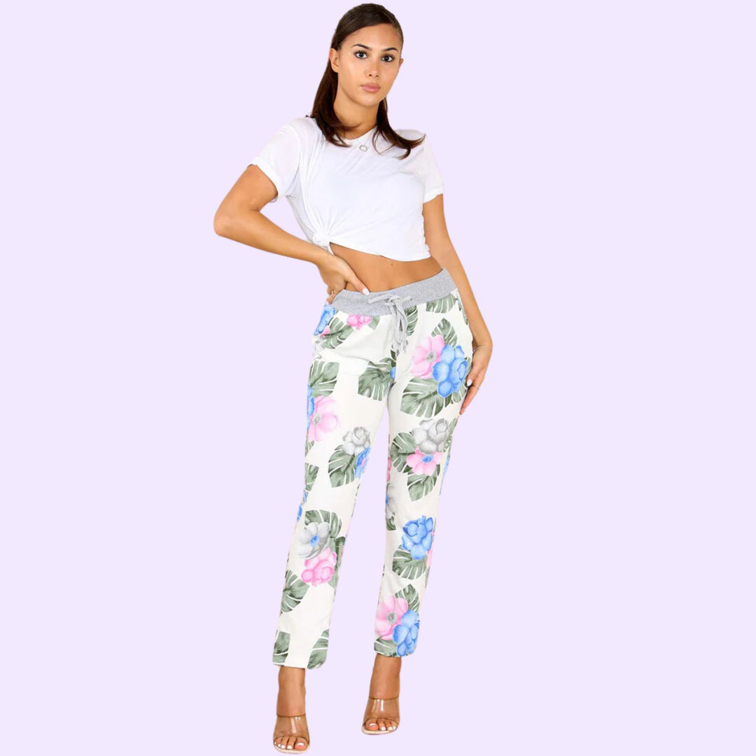 Italian Flower Leaf Print Drawstring Cotton Joggers