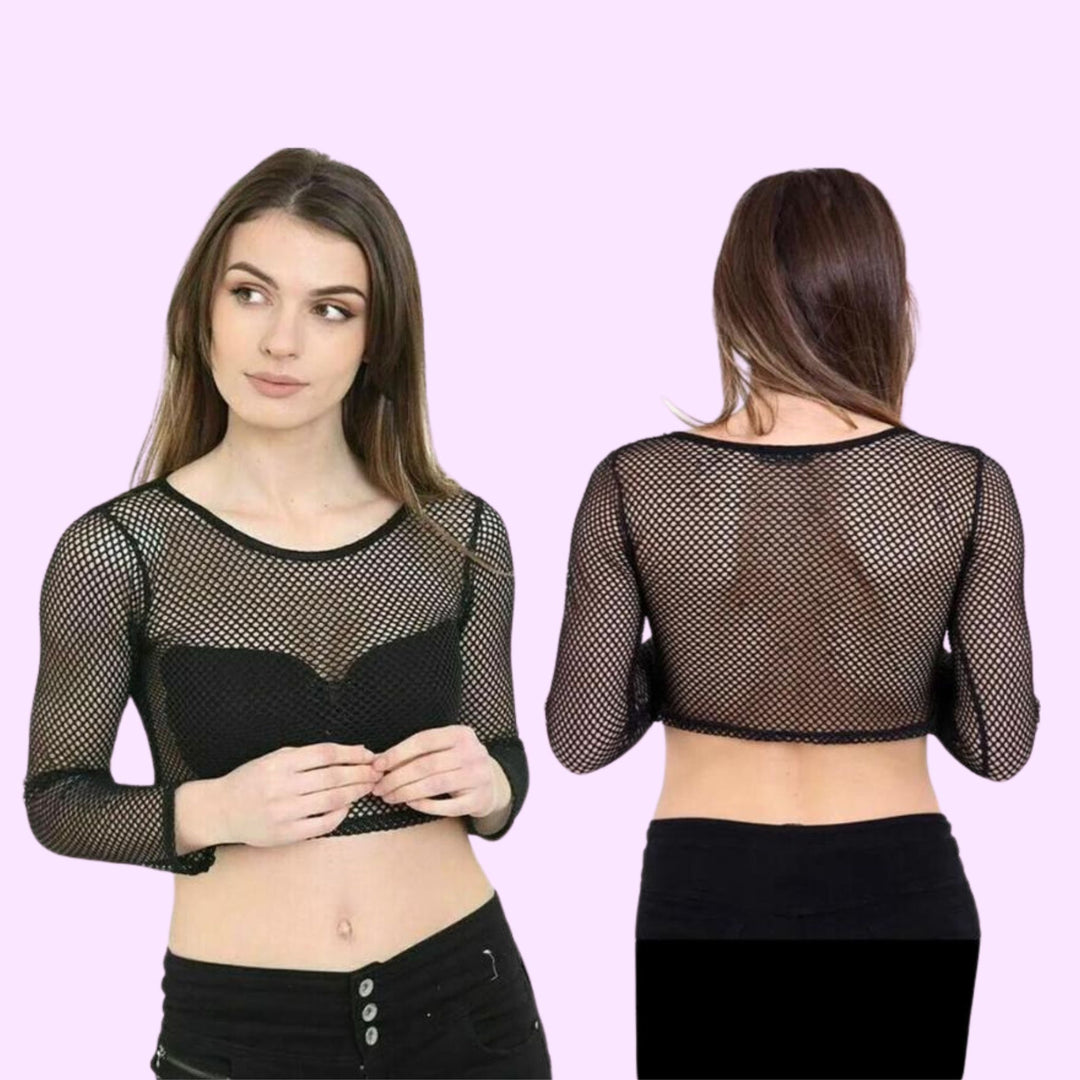 LADIES LONG SLEEVE FISHNET CROP TOP