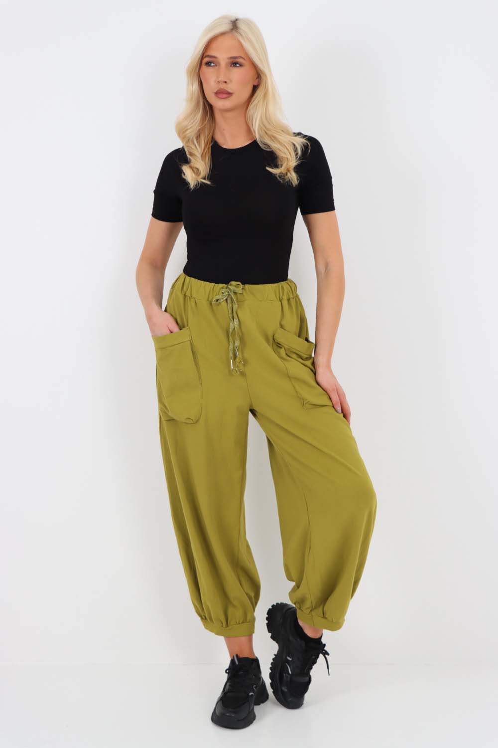 Italian Drawstring Cotton Harem Trousers With Side Pockets