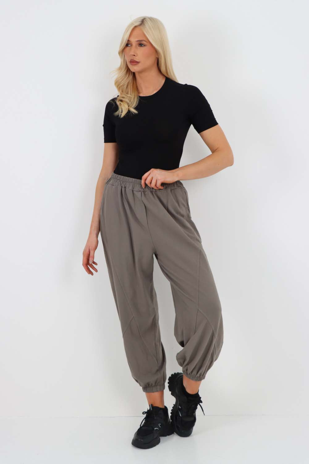 Italian Ruched Hem Cotton Trousers With Side Pockets