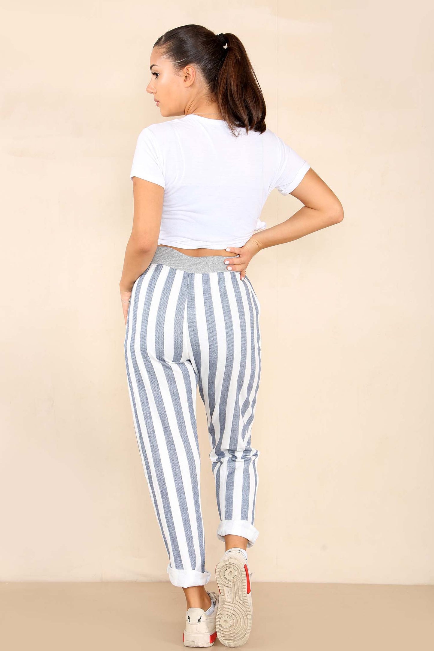 Italian Striped Print Drawstring Cotton Joggers