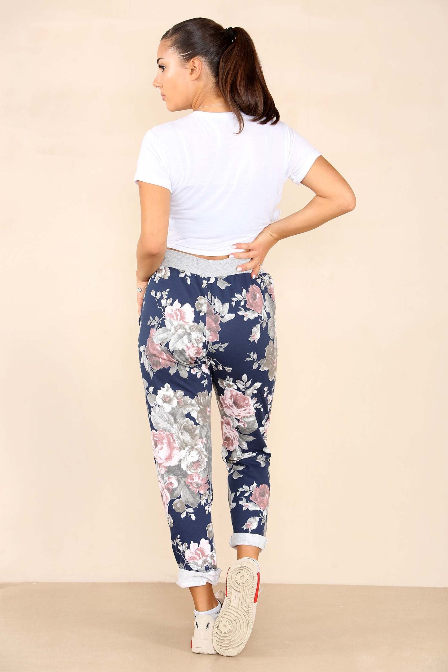 Italian Floral Print Drawstring Cotton Joggers