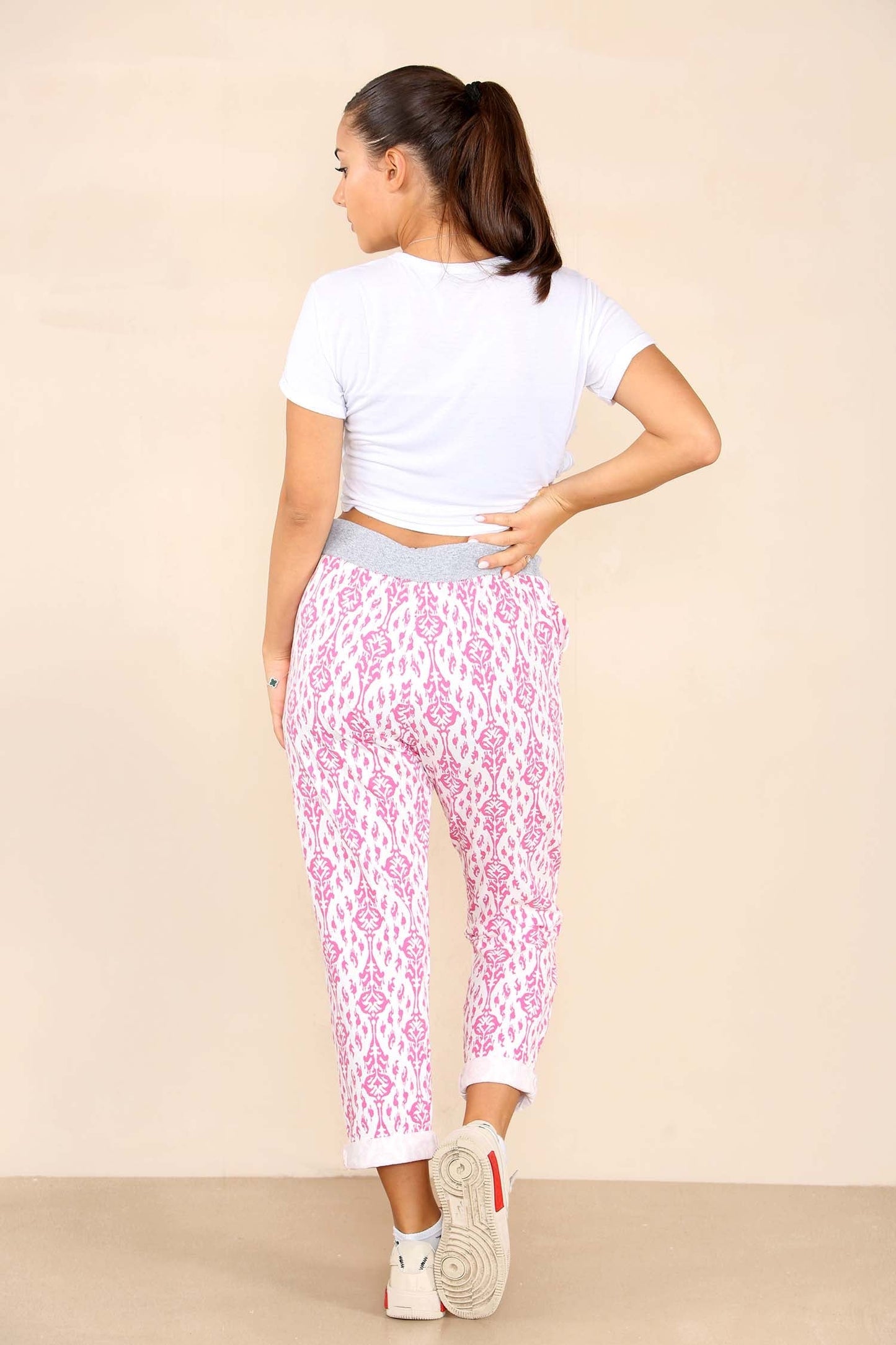 Italian Floral Texture Print Drawstring Cotton Joggers