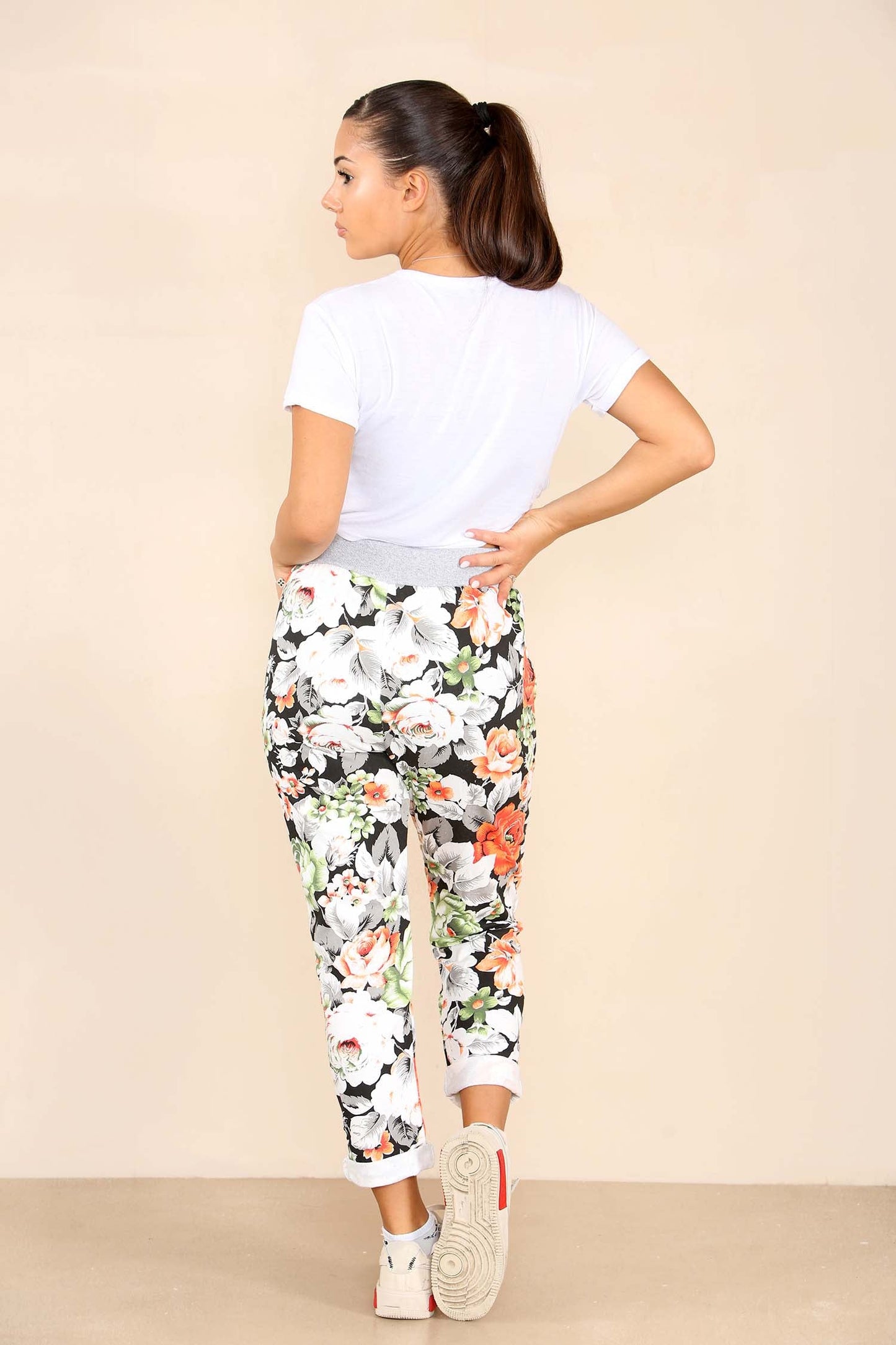 Italian Floral Print Drawstring Cotton Joggers