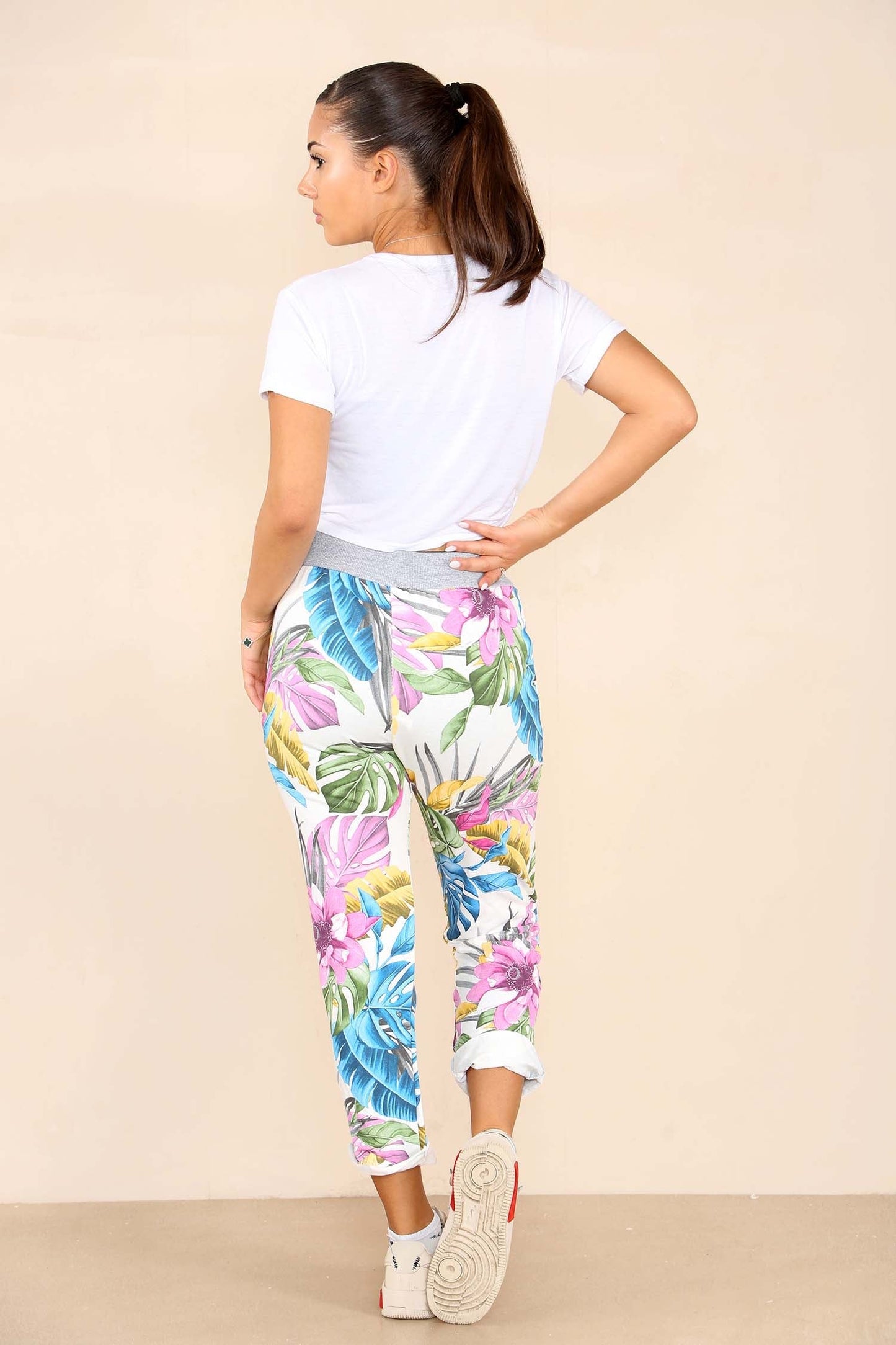 Italian Floral Print Drawstring Cotton Joggers