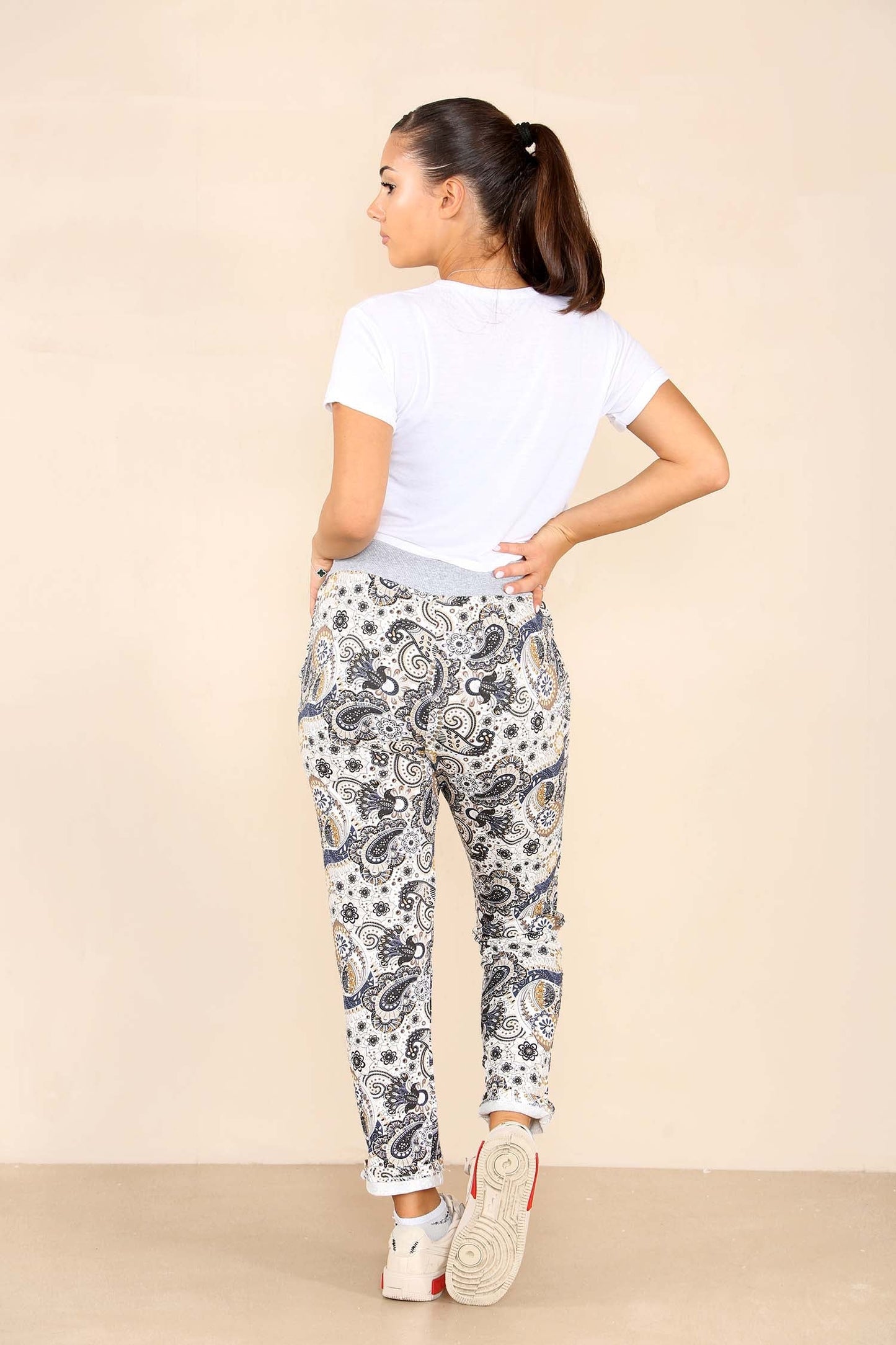 Italian Floral Print Drawstring Cotton Joggers