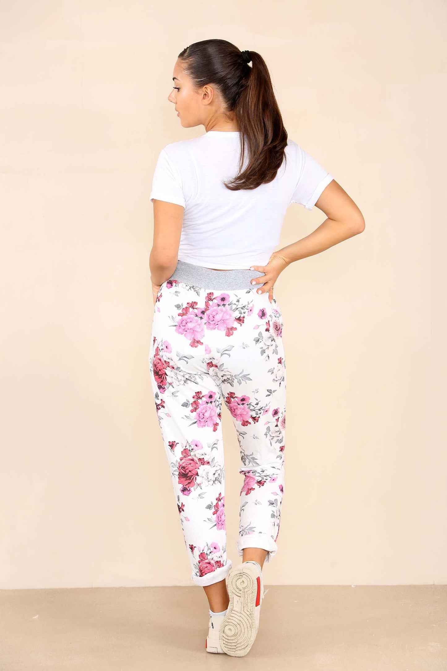 Italian Floral Print Drawstring Cotton Joggers