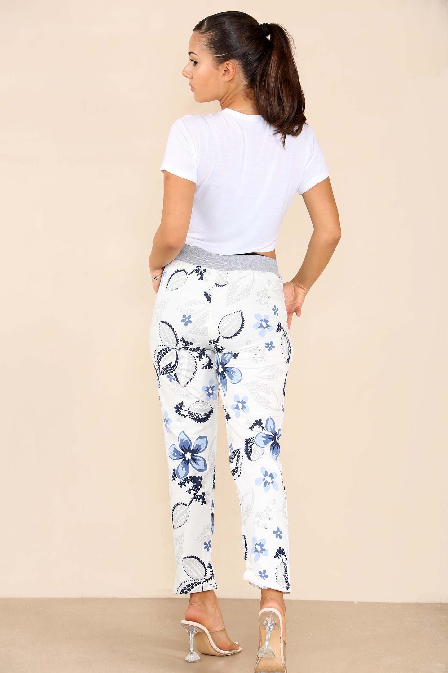 Italian Floral Print Drawstring Cotton Joggers
