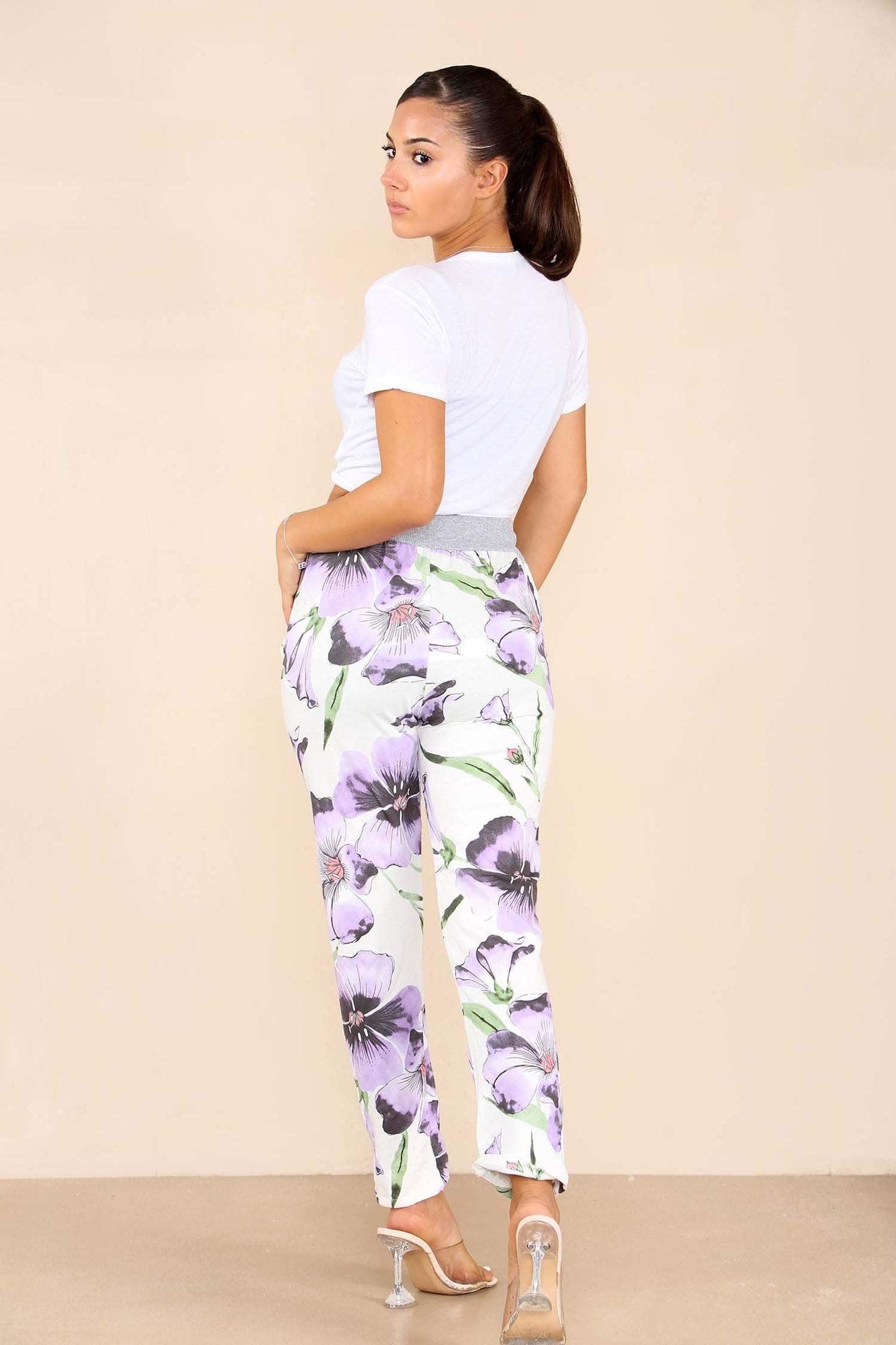 Italian Floral Print Drawstring Cotton Joggers