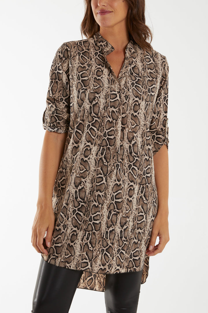 Notch Collar Snake Print Shirt