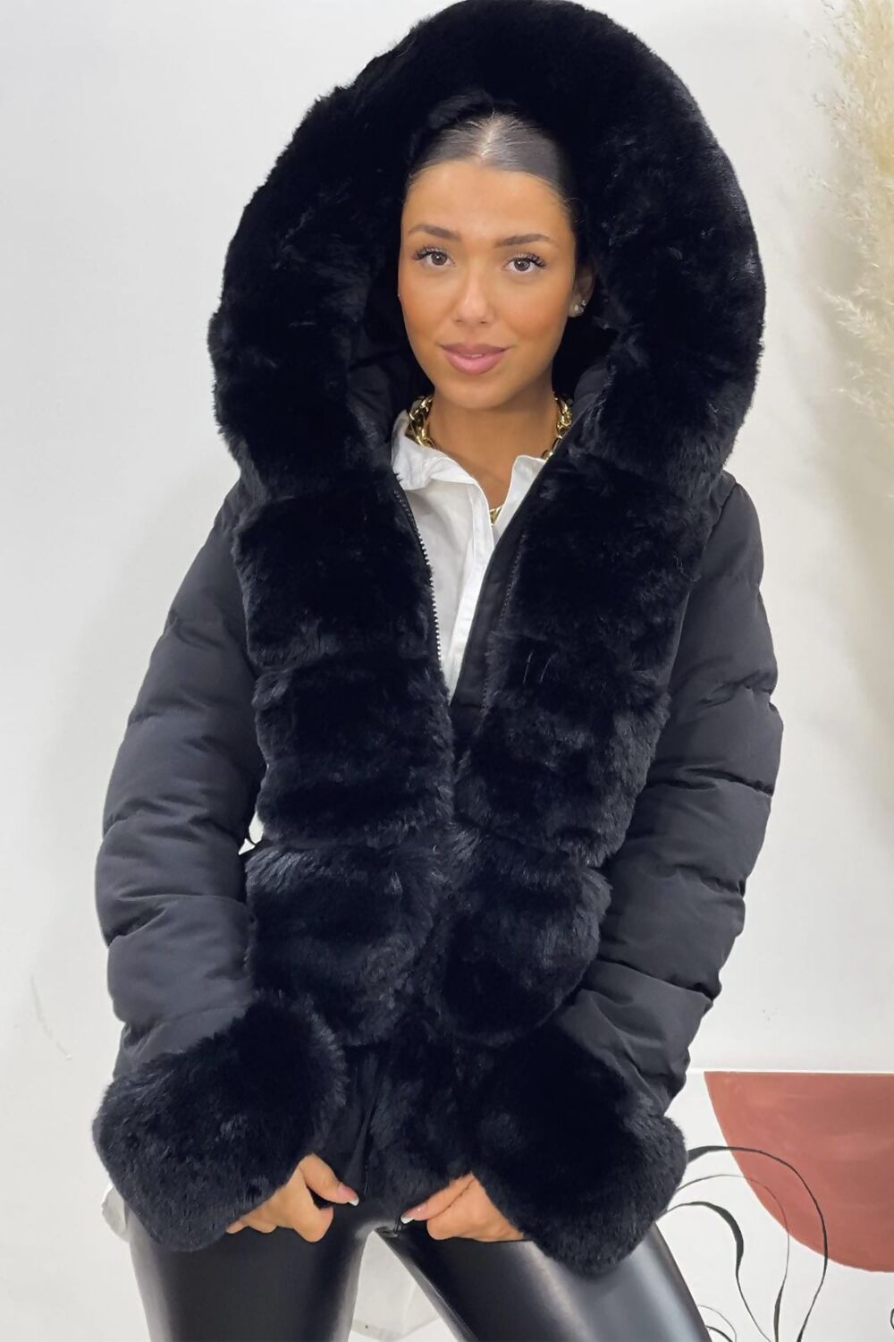 Puffer Jacket With Fur Hood Cuff And Trim