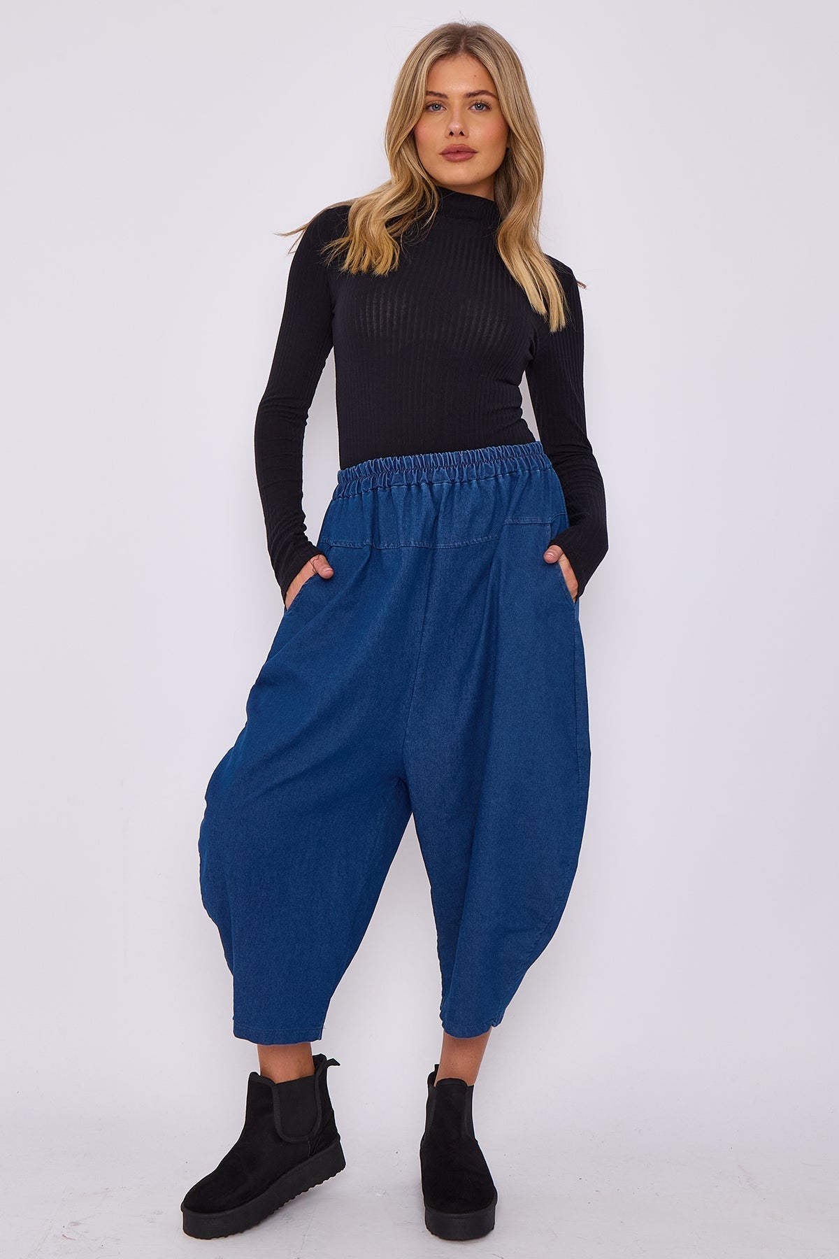 Italian Denim Slouchy Relaxed Trousers With Pockets