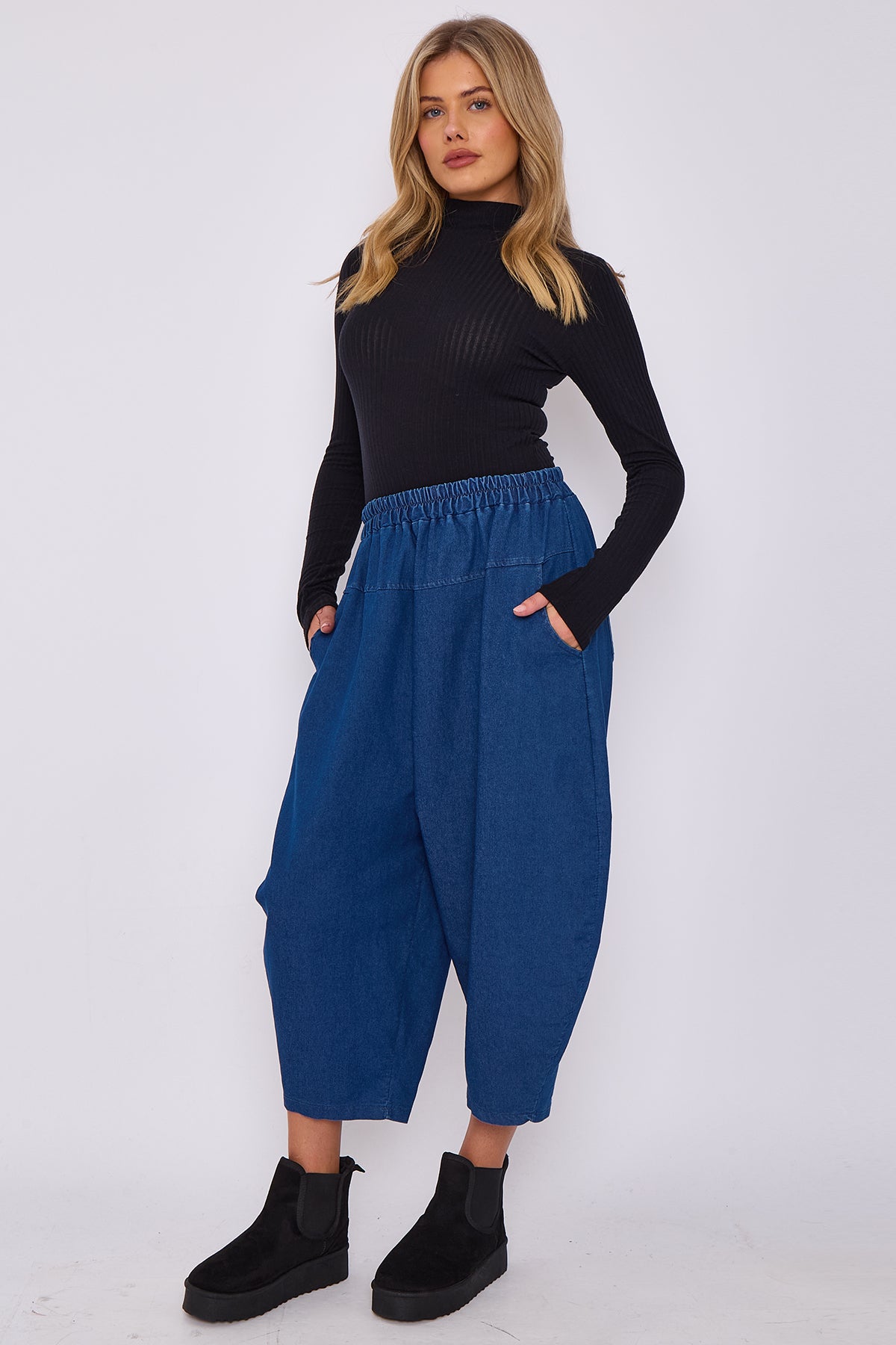 Italian Denim Slouchy Relaxed Trousers With Pockets