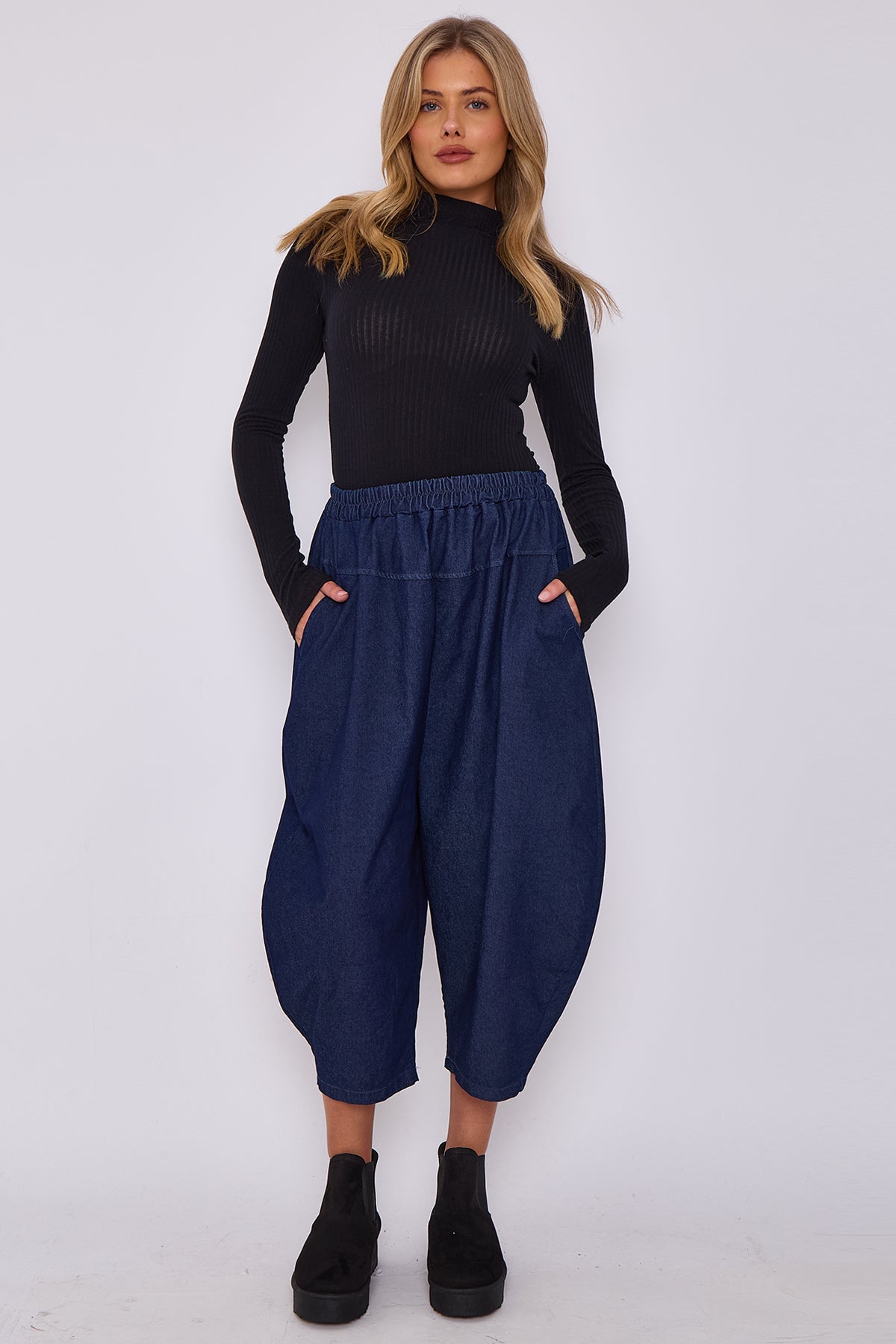 Italian Denim Slouchy Relaxed Trousers With Pockets