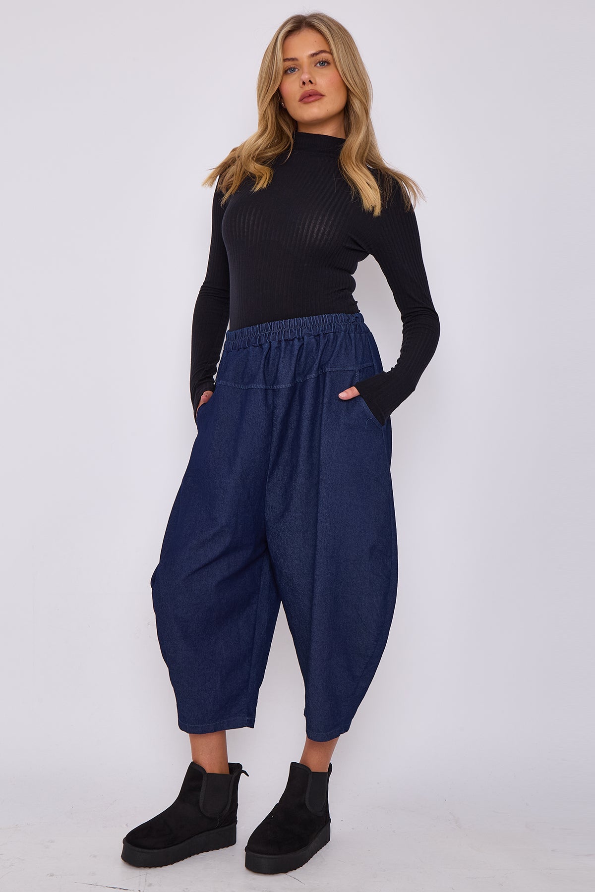 Italian Denim Slouchy Relaxed Trousers With Pockets
