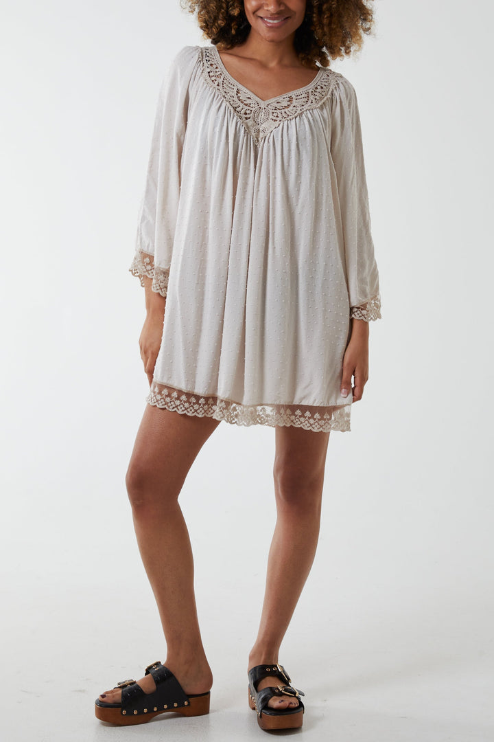 Lace Hem Broderie Collar Mini Dress