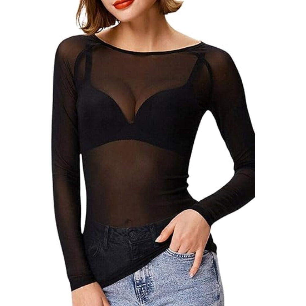 Women Sheer Mesh Top Long Sleeve See Through T-Shirt