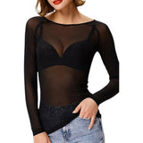 Women Sheer Mesh Top Long Sleeve See Through T-Shirt