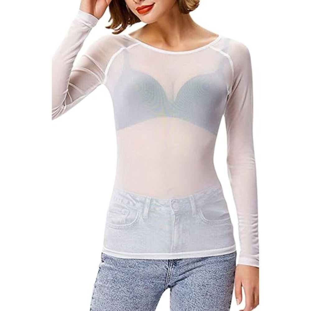 Women Sheer Mesh Top Long Sleeve See Through T-Shirt