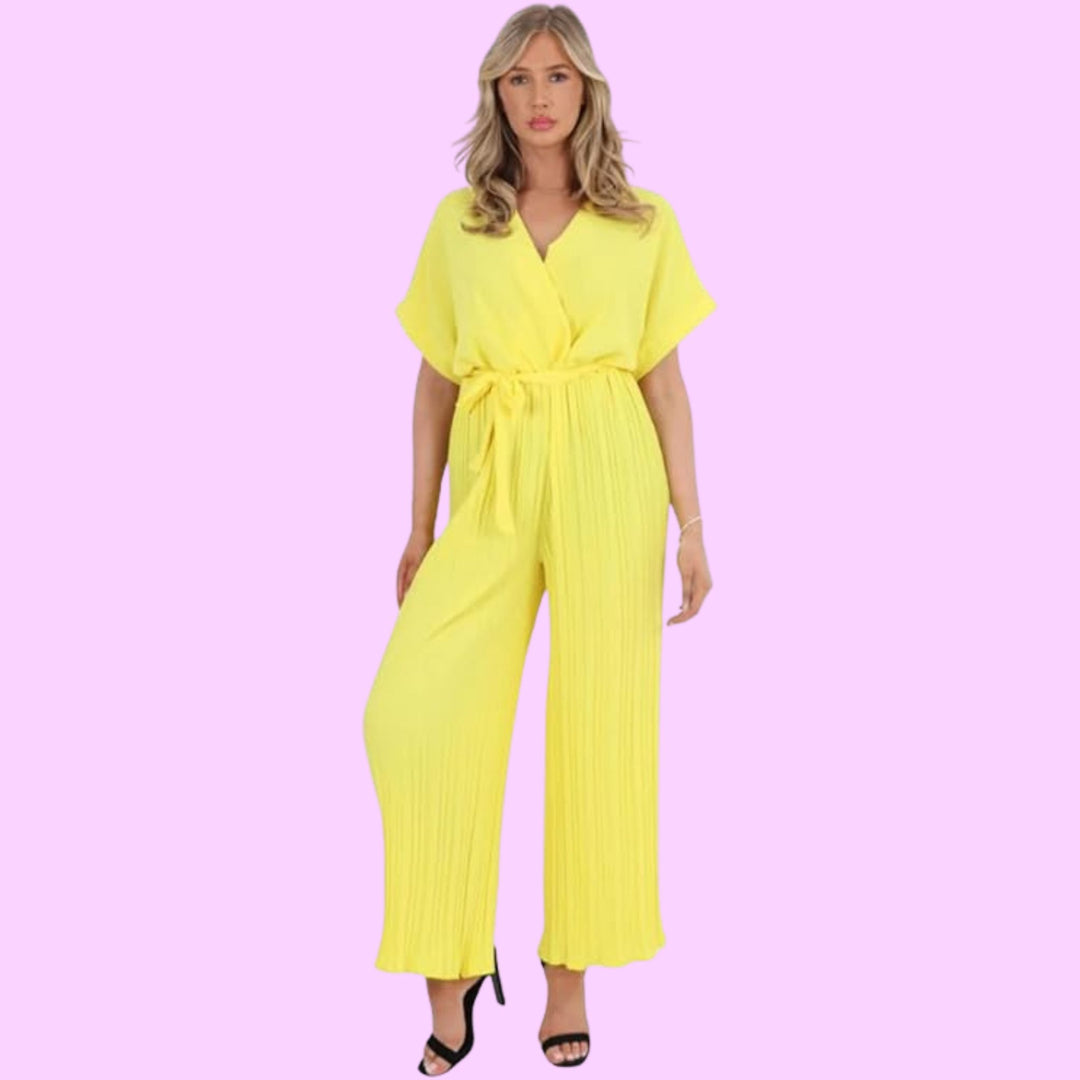 Italian Pleated Belted Wrap Over Jumpsuits