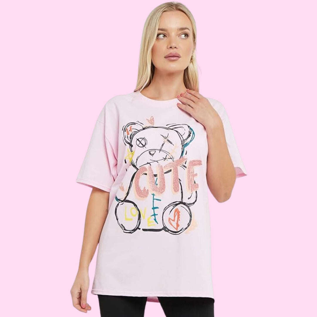 Cute Teddy Print Oversized T-Shirt Top