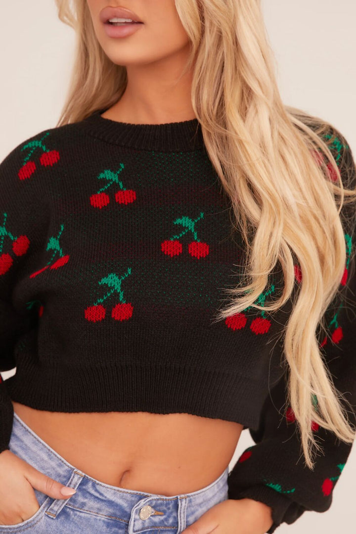 Knitted Cropped Cherry Print Jumper