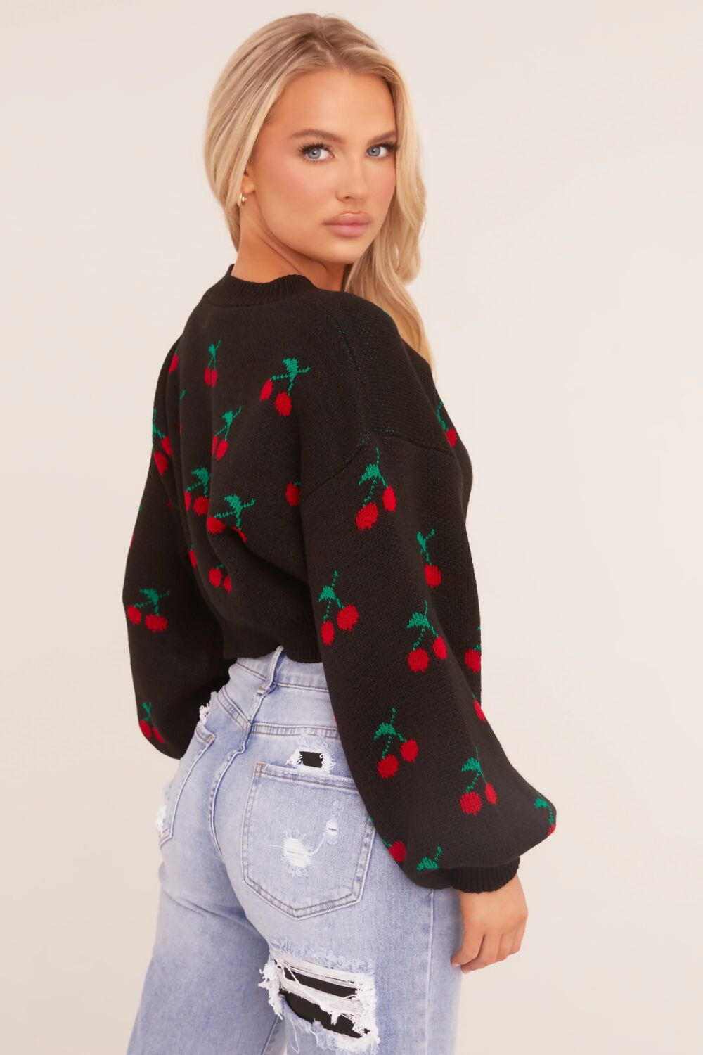 Knitted Cropped Cherry Print Jumper