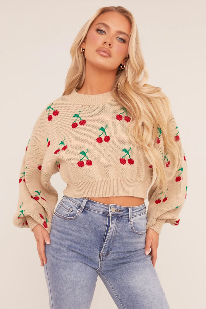 Knitted Cropped Cherry Print Jumper