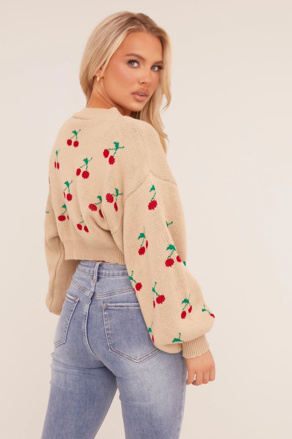 Knitted Cropped Cherry Print Jumper