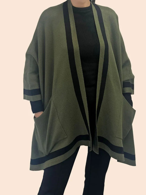 Contrast Border Open Poncho Cape