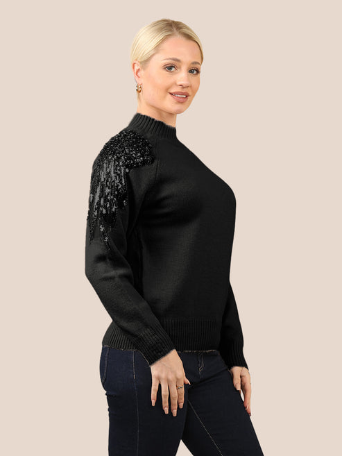 Embellished Net Shoulder Detail Knit Sweater