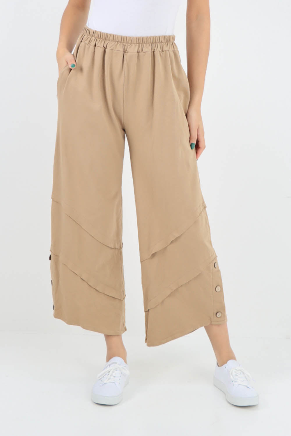 Beige- Plain Button Hem Pocket Trouser
