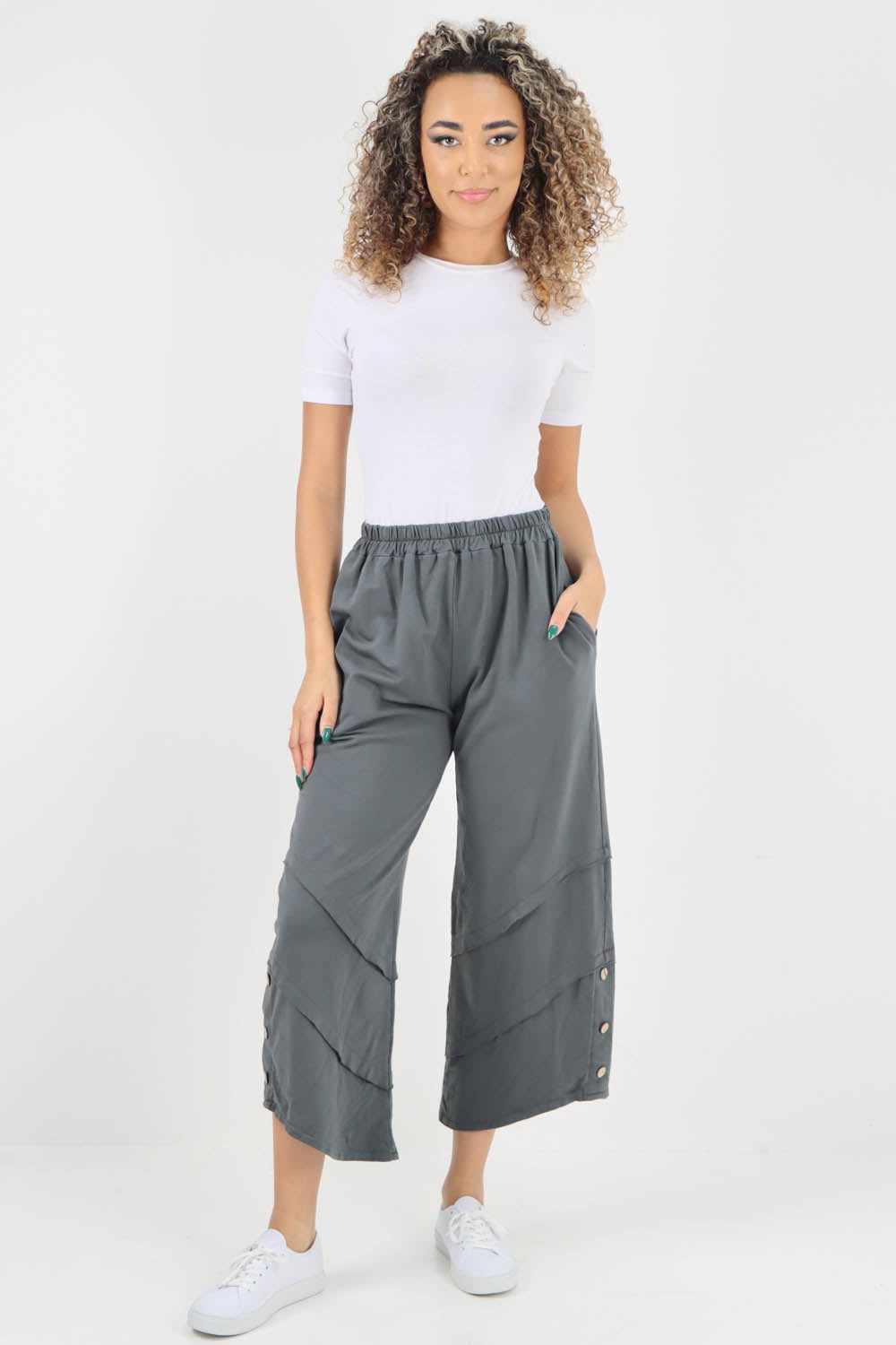 Plain Button Hem Pocket Trouser
