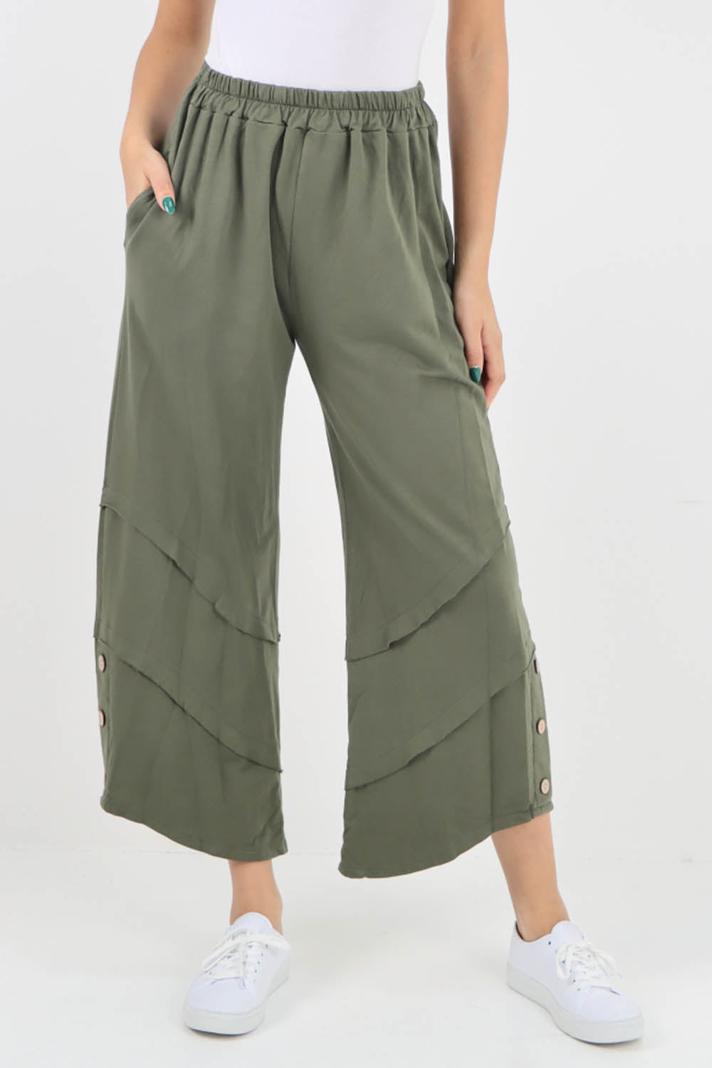 Khaki- Plain Button Hem Pocket Trouser