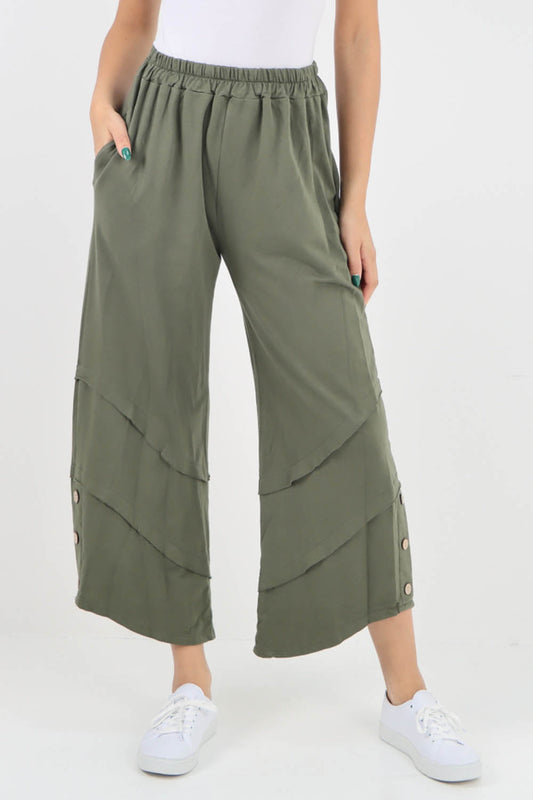 Khaki- Plain Button Hem Pocket Trouser