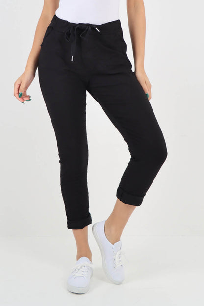 Black-Plain Drawstring Back Pocket Magic Pants