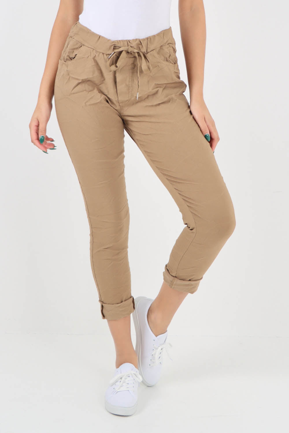 Camel-Plain Drawstring Back Pocket Magic Pants