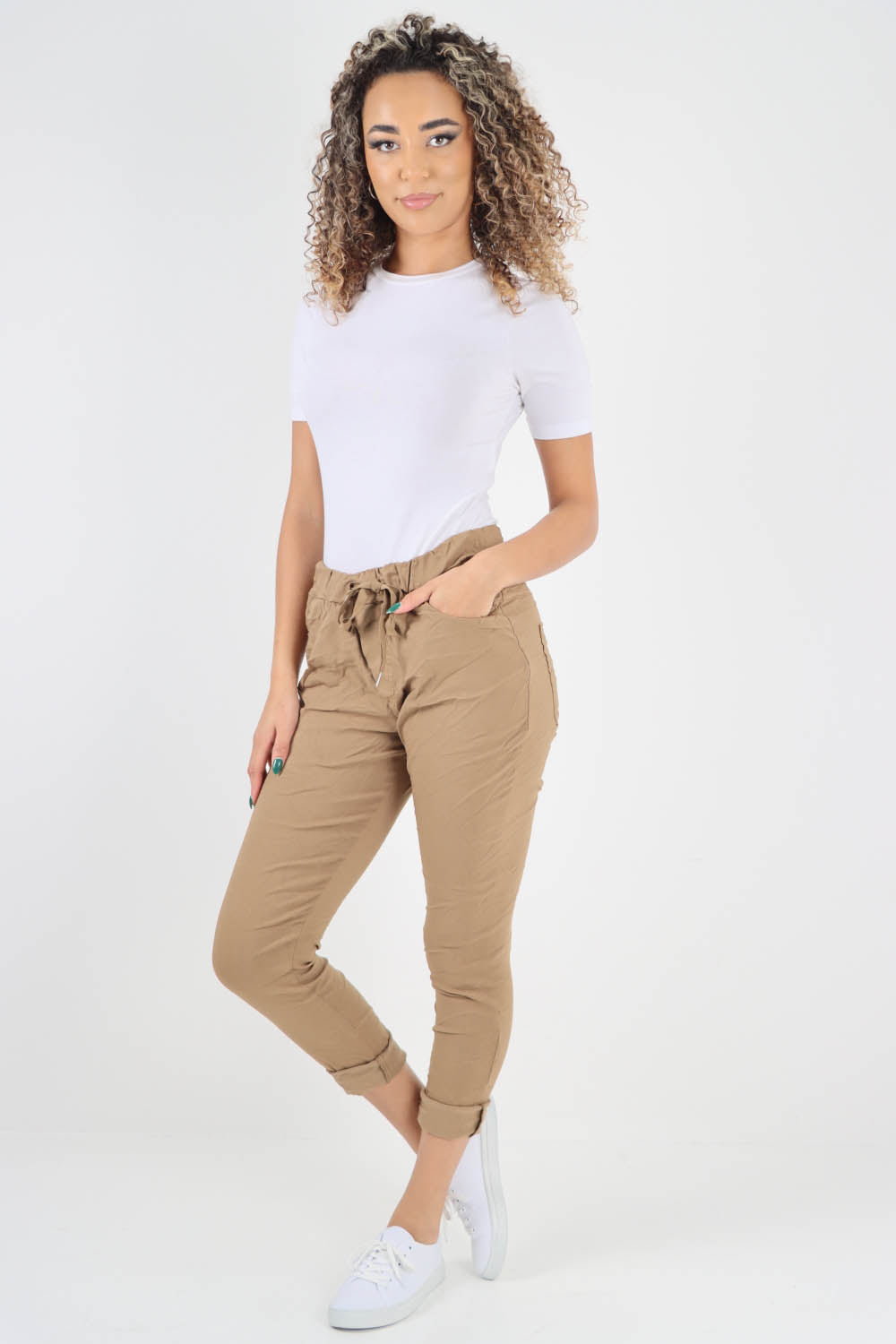 Plain Drawstring Back Pocket Magic Pants