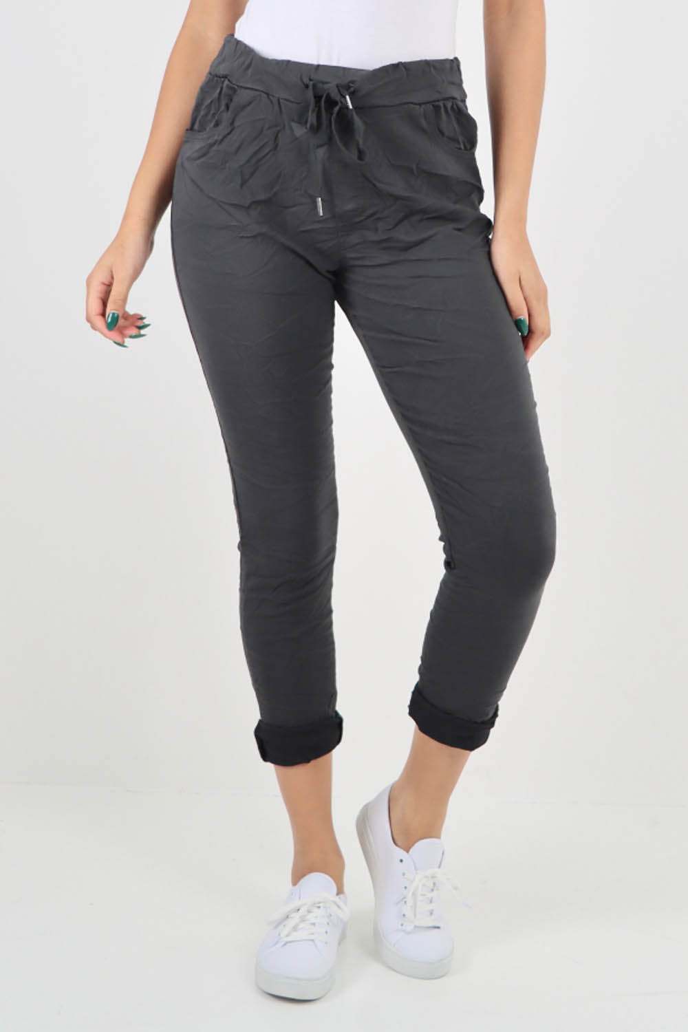 Charcoal-Plain Drawstring Back Pocket Magic Pants