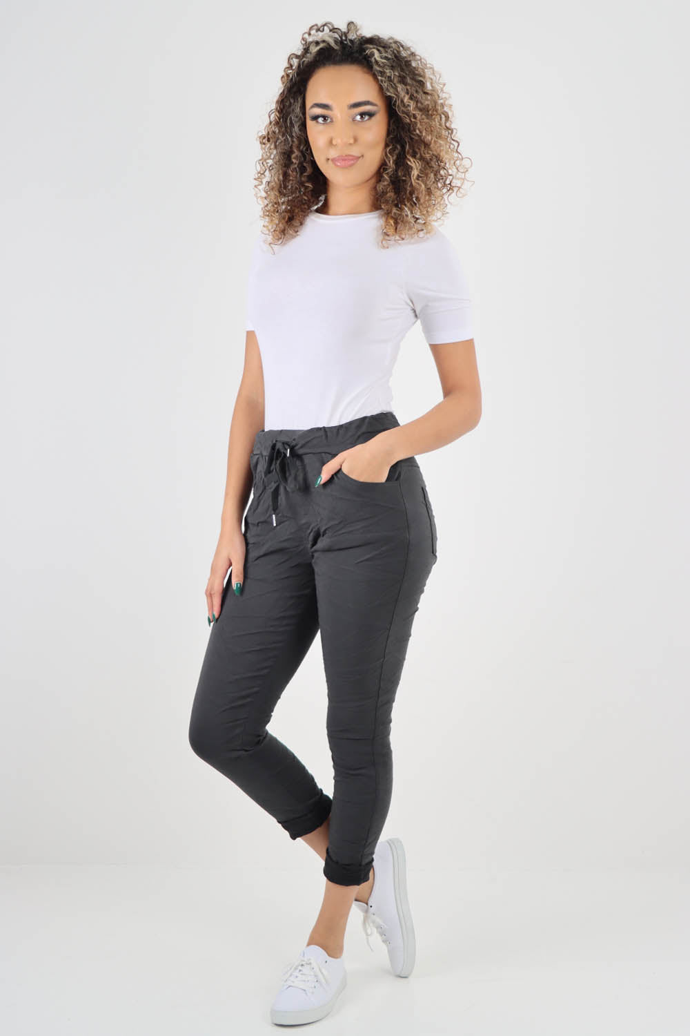 Plain Drawstring Back Pocket Magic Pants