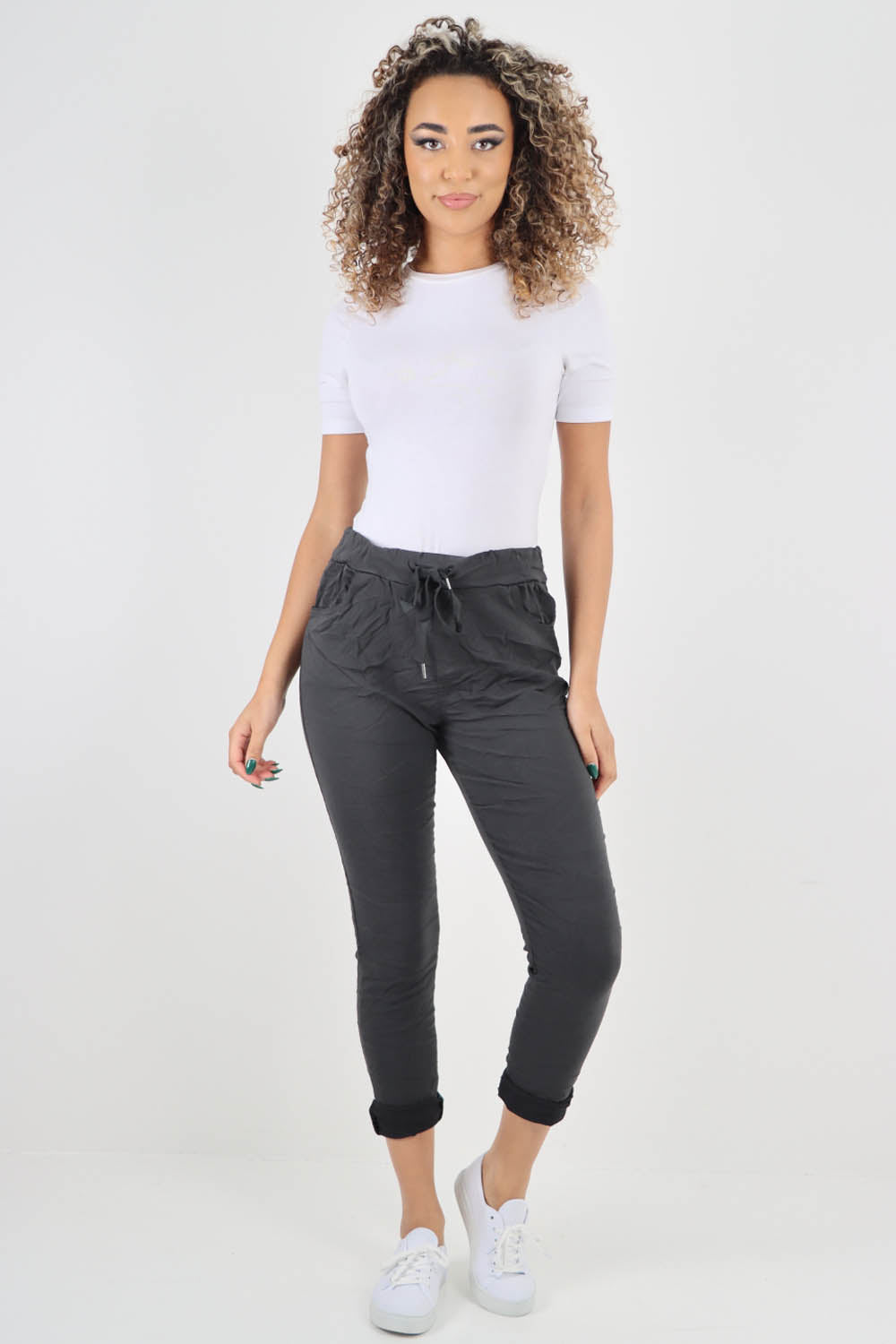 Plain Drawstring Back Pocket Magic Pants