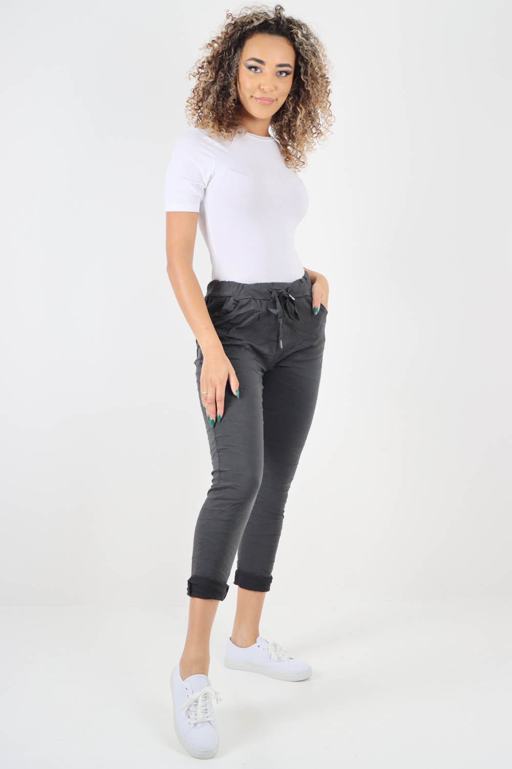 Plain Drawstring Back Pocket Magic Pants