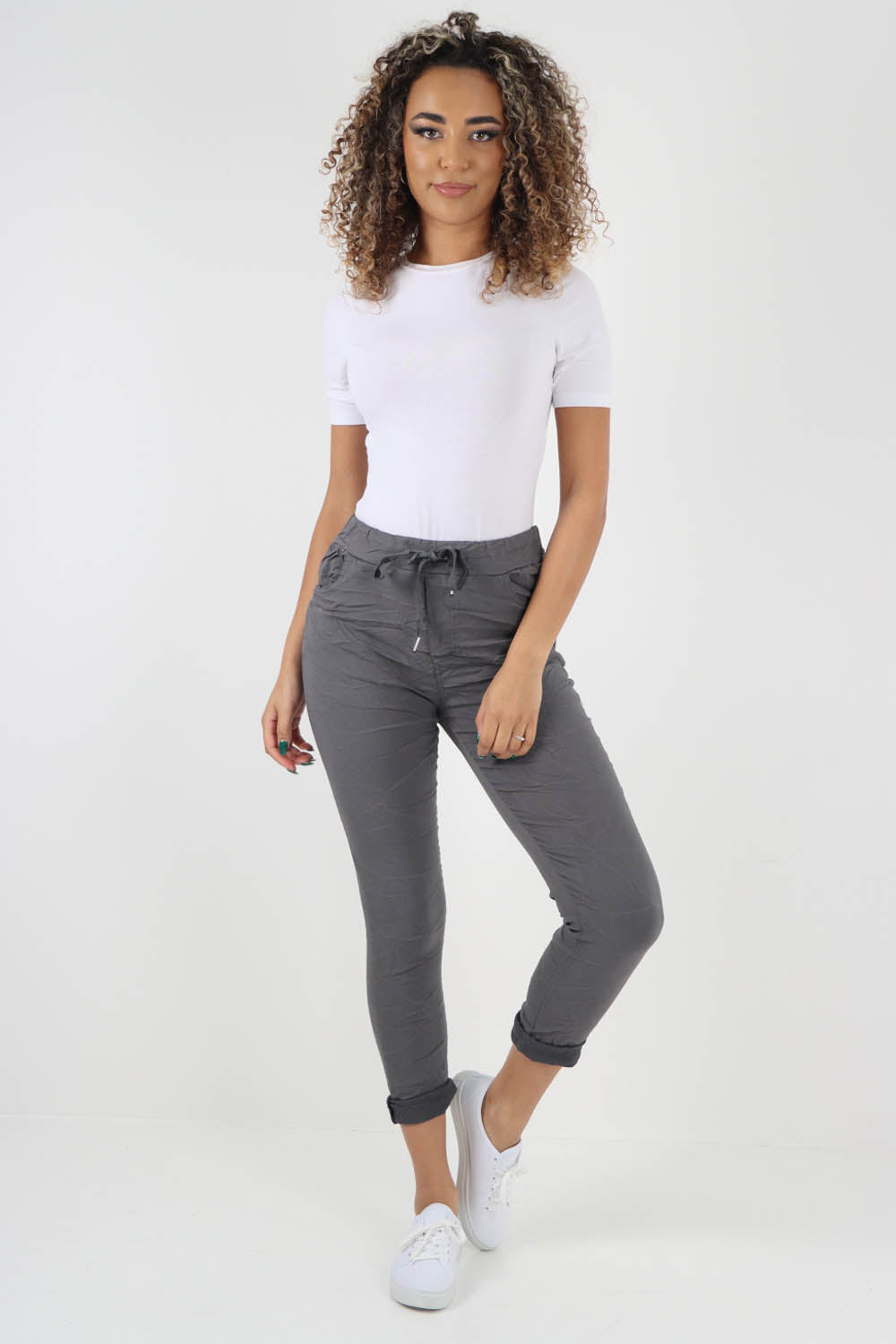 Grey-Plain Drawstring Back Pocket Magic Pants
