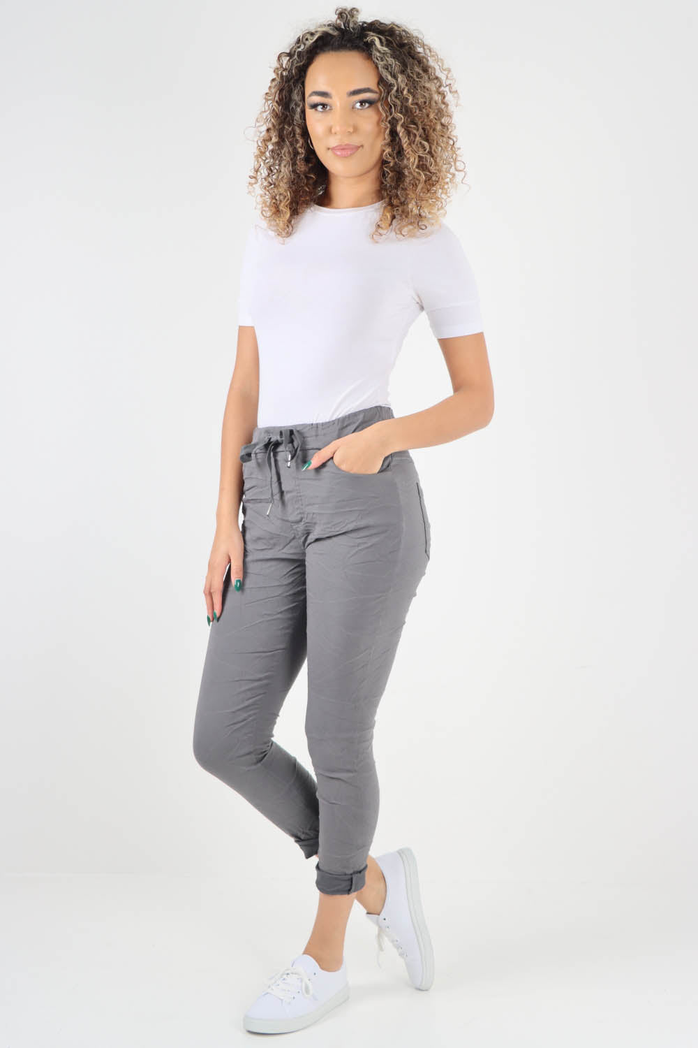 Plain Drawstring Back Pocket Magic Pants
