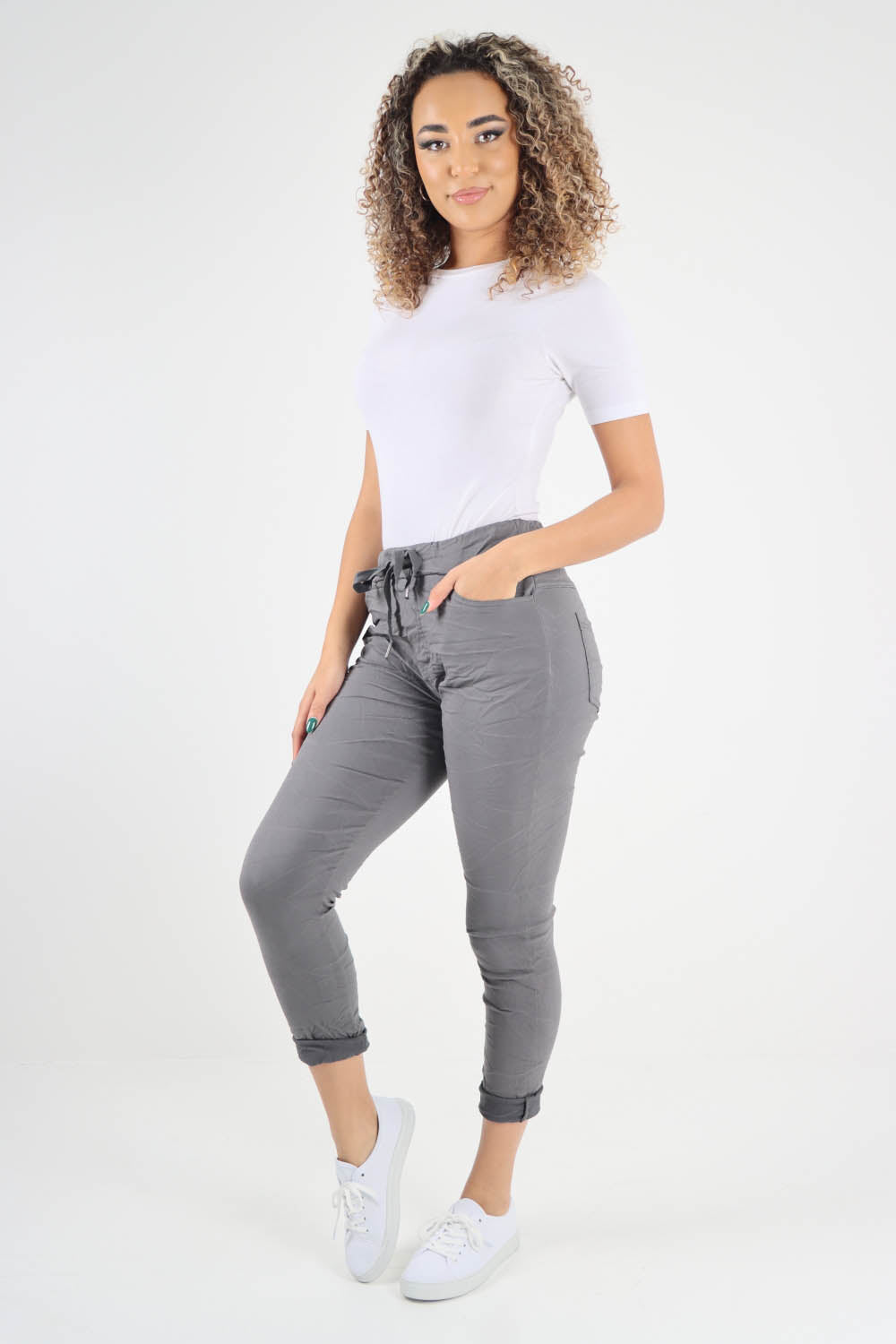 Plain Drawstring Back Pocket Magic Pants